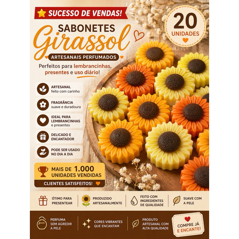 20 Sabonetes Artesanais Girassol Perfumados | Lembrancinhas Delicadas para Presente