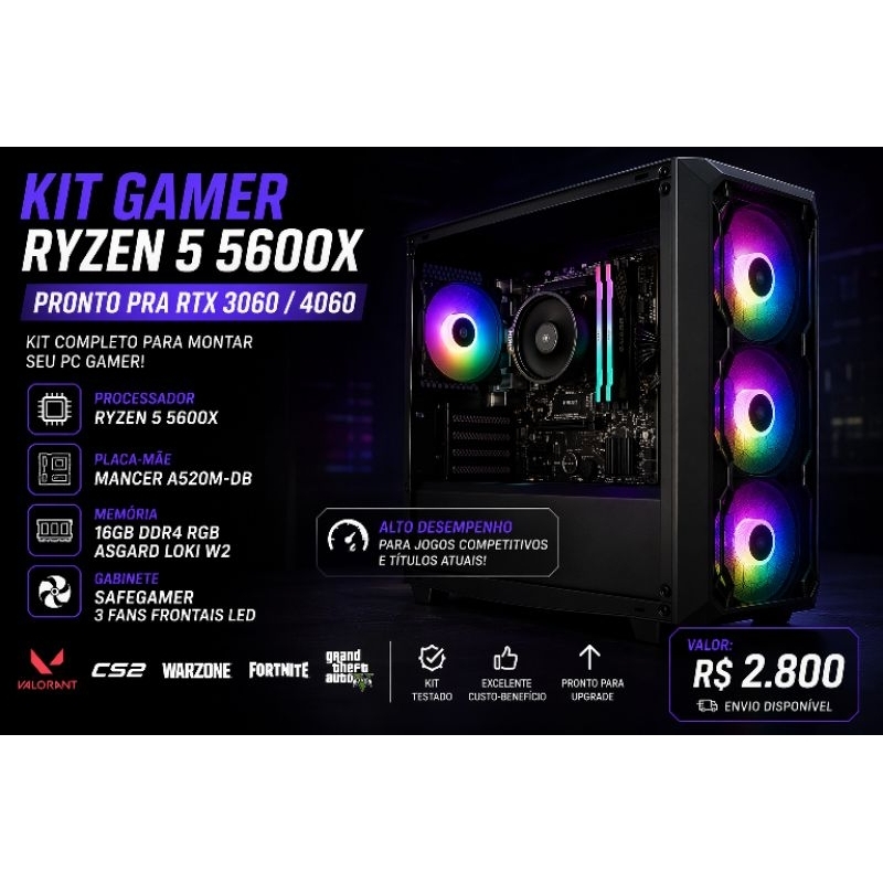 🚨 KIT GAMER RYZEN 5 5600X + 16GB RGB + GABINETE GAMER – OPORTUNIDADE