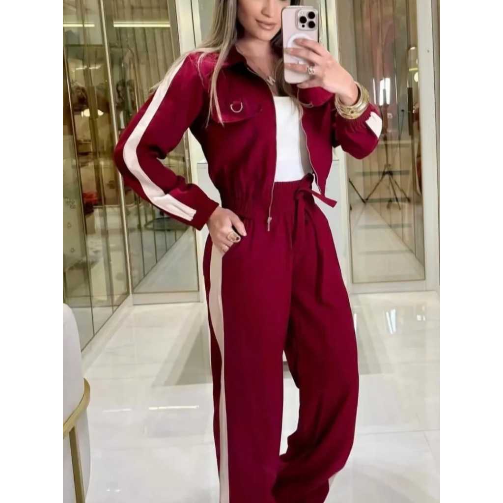 Moderno e elegante, o Conjunto jaqueta e calça pantalona