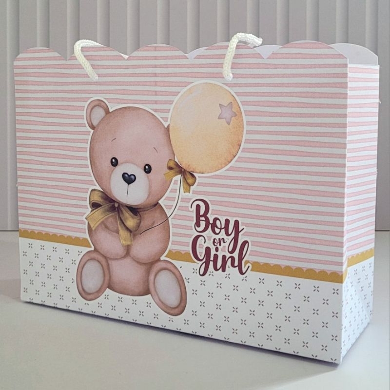 Sacolinha G Chá Revelação Ursinho Poá Pegue Monte Personalizada Caixinha Lembrancinha Kit Festa Luxo Sacolinha Grande
