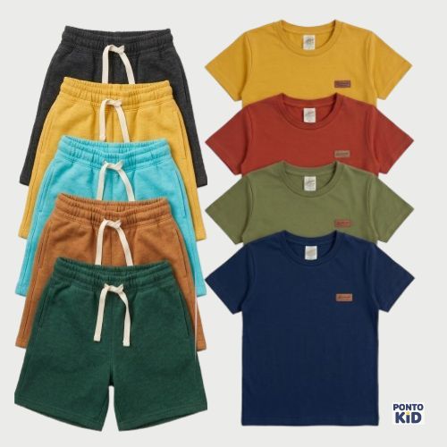Kit 8 Peças 4 Camiseta 4 shorts Infantil masculino camisa Básica short moletom Masculina Lisa Básica 100% algodão