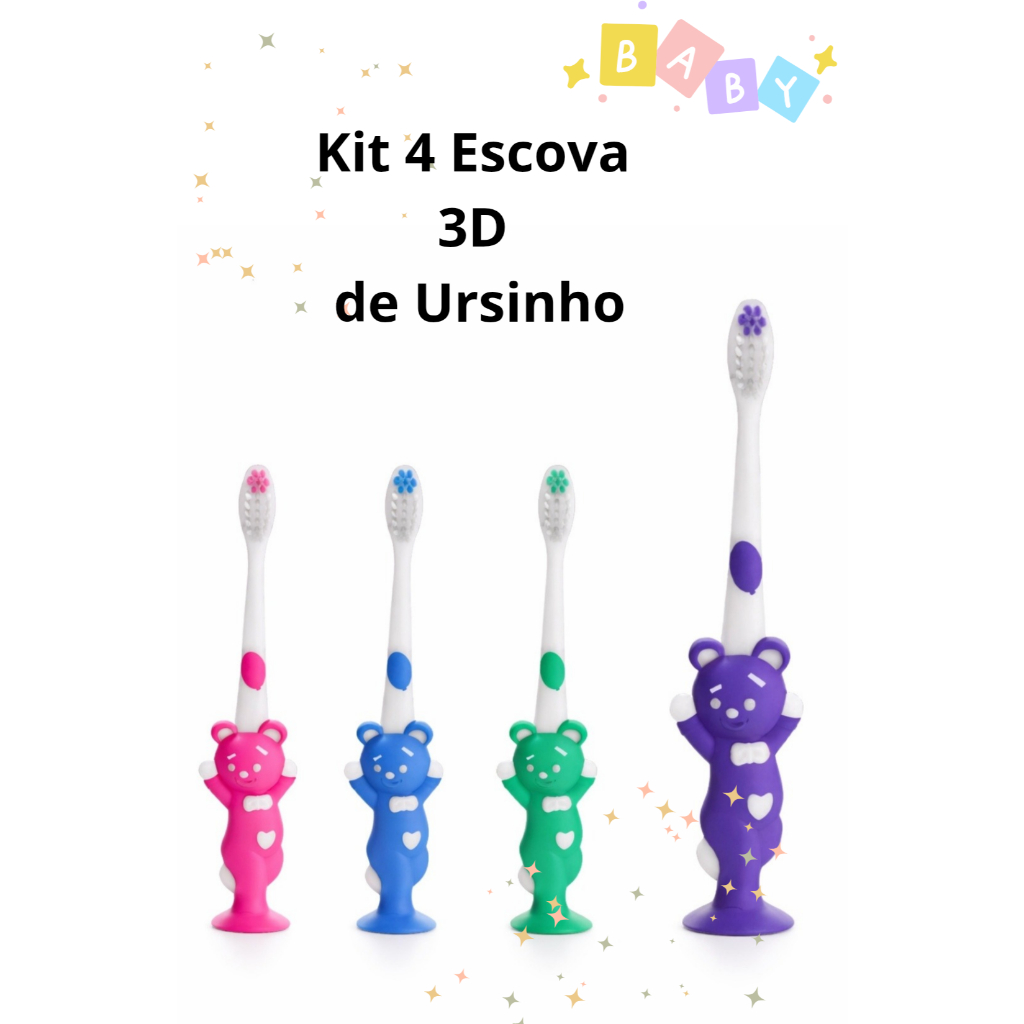 Kit 4 Escovas De Dentes 3D Ursinho Macia Infantil Criança Menino Menina