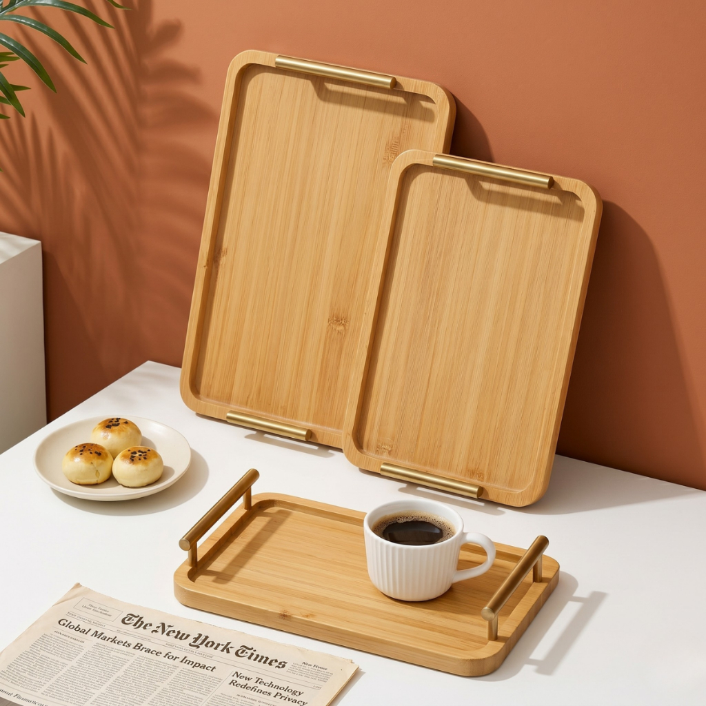 Bandeja Bambu Alça de Metal Kit com 2 - 30x20 e 35x25 Multiuso Decoração Porta Copos Chá Petisqueira