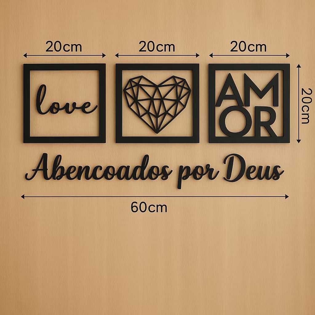 Kit 3 Quadros Love Coração Geométrico Amor + Frase Abençoados por Deus Decorativo Cabeceira Mdf