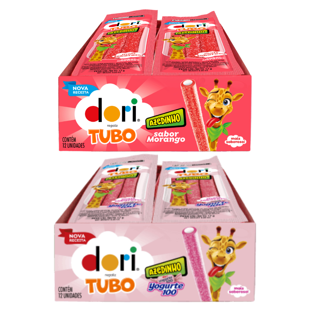 Display Balas Azedinha Tubinho Recheado Sour Caixa C/12 Unidades de 17g Cada Dori