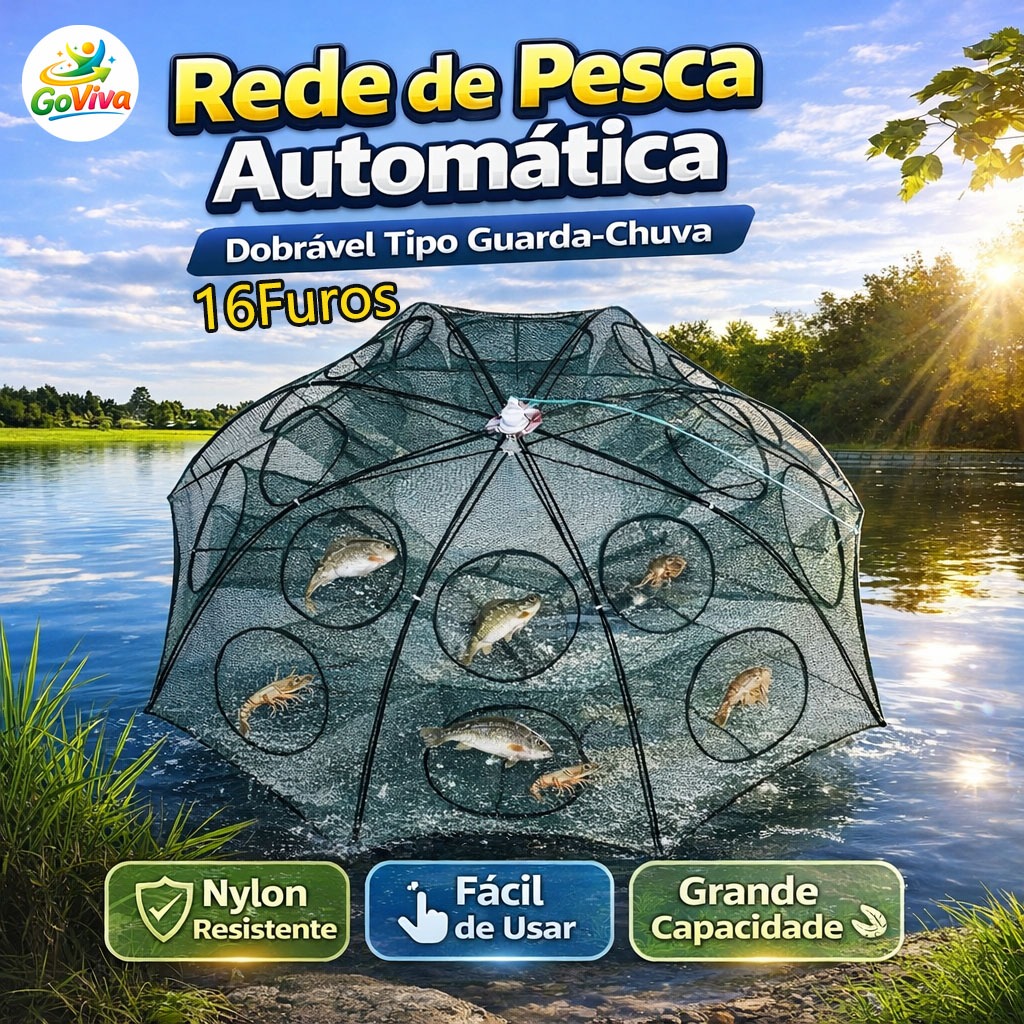 Rede de Pesca Dobrável Automática Tipo Guarda-Chuva Armadilha para Peixe e Camarão