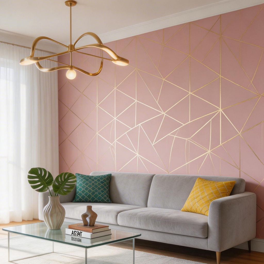 Adesivo de Parede 3D Geométrico Rosa Vermelho Dourado Estilo Luxuoso Moderno Premium Impermeável para Sala Loja5M