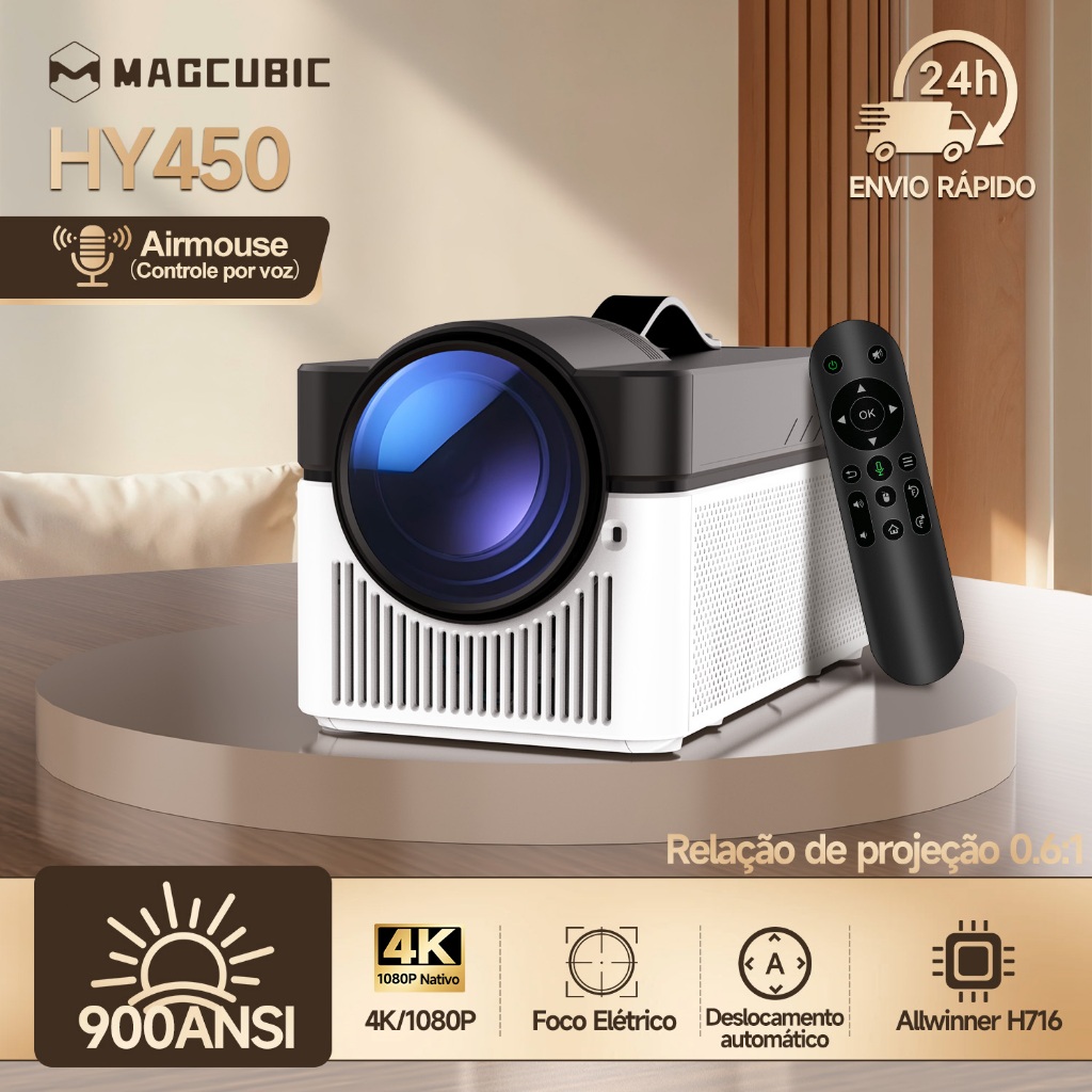 Projetor Magcubic HY450 Full HD 1080P 4K 8K 900 ANSI Foco Elétrico Android WiFi 6 Bluetooth 5.4 Controle por voz Bivolt
