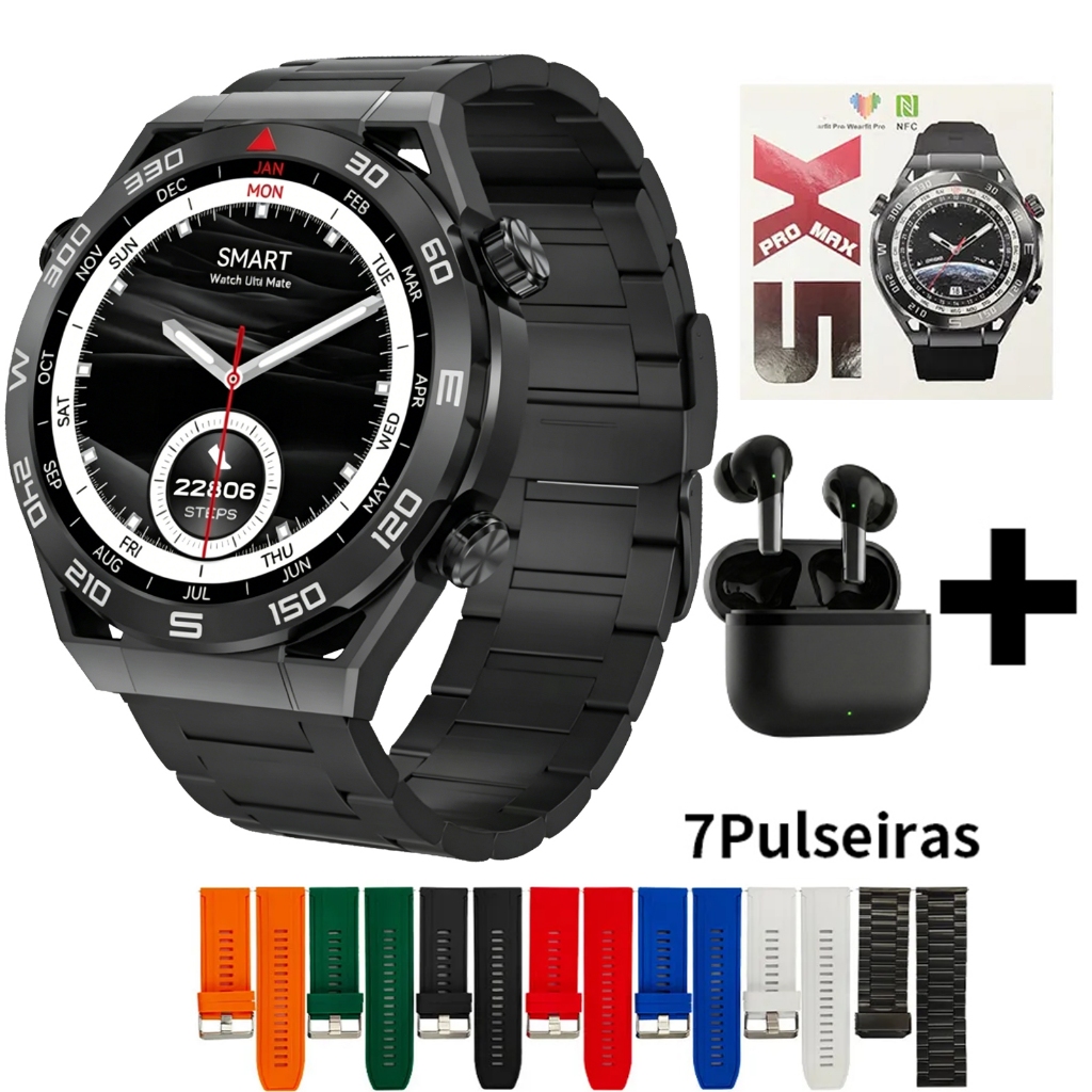 Smartwatch X5 PRO MAX+FONE Redondo Relógio Inteligente Bluetooth Chamada Chat GPT Amoled Nfc SmartWatch-Envio de São Pau