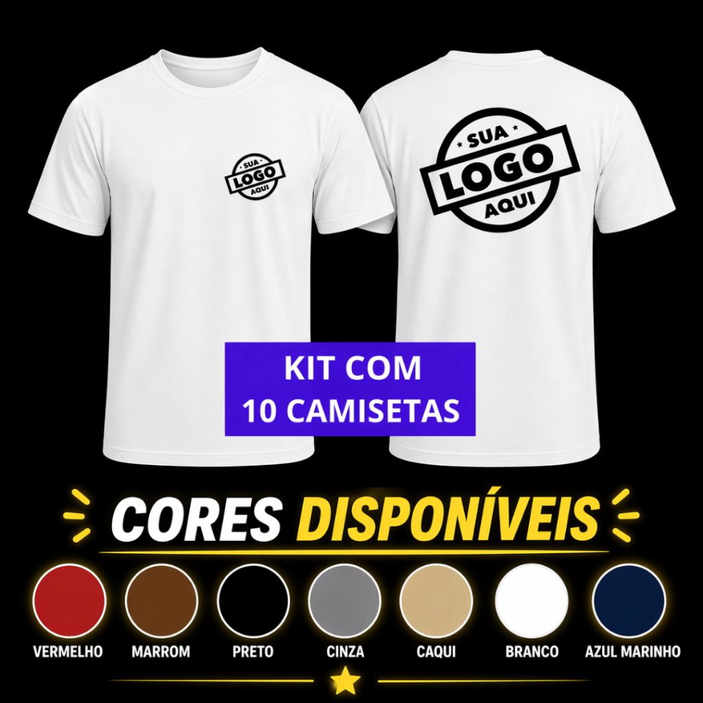 Kit 10 Camisetas 100% Algodão Personalizadas com Sua Logo ou Estampa para Empresas, Camisa Equipes e Eventos