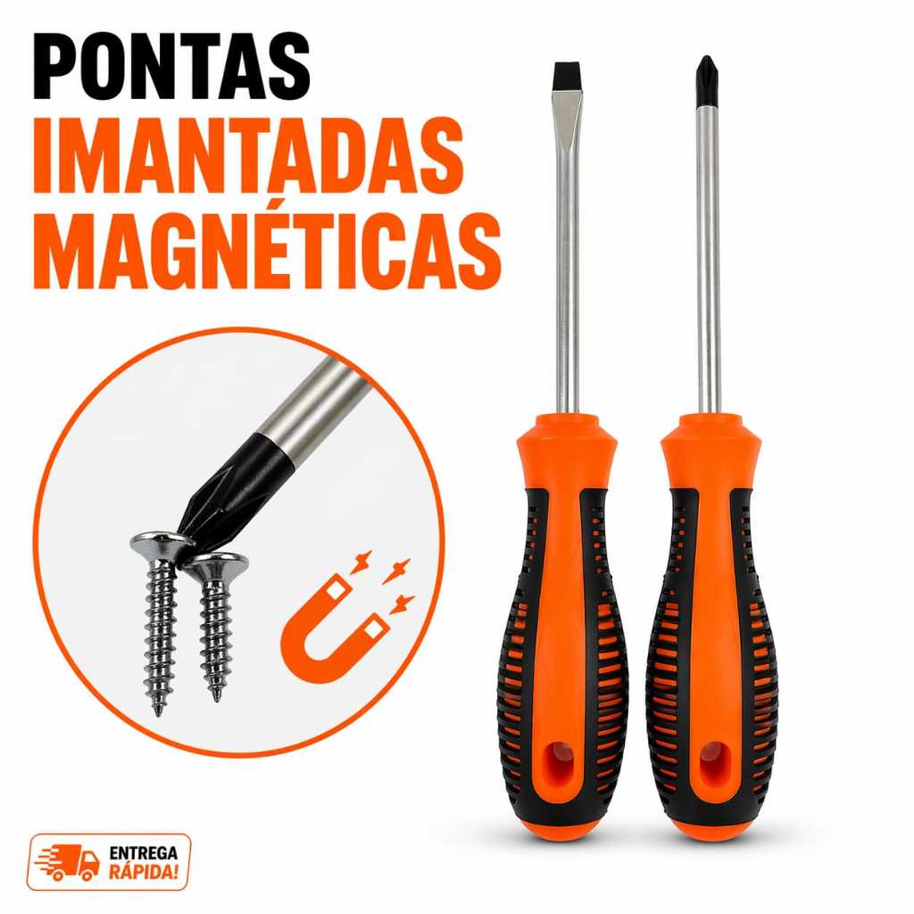 Chave Philips e Fenda 20 cm Ponta Magnética Profissional Cabo Emborrachado Ferramenta Resistente