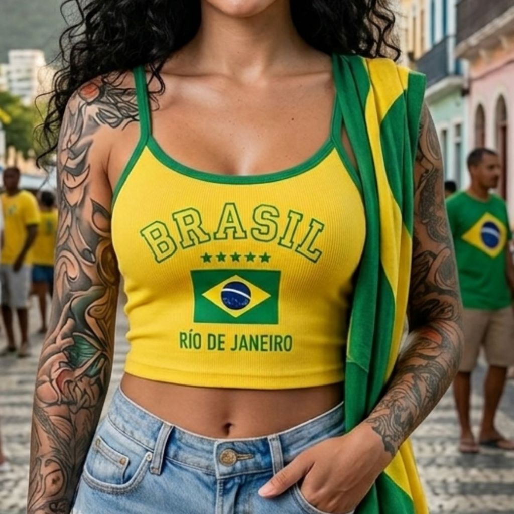 Blusa Cropped Feminina do Brasil Amarela Copa do Mundo Seleção Brasileira tecido Ribana Canelado