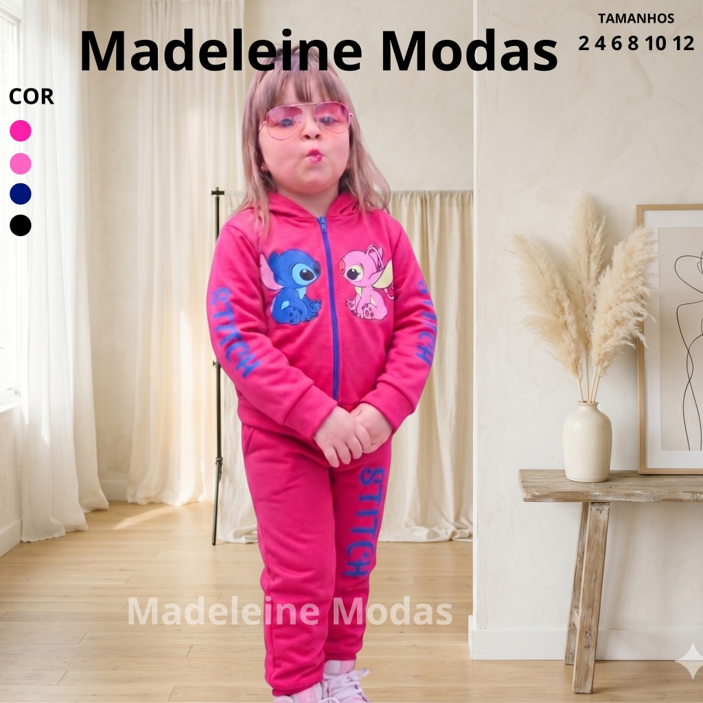 Conjunto Moletom Infantil Feminino Flanelado com Capuz e Zíper Estampado Inverno Menina