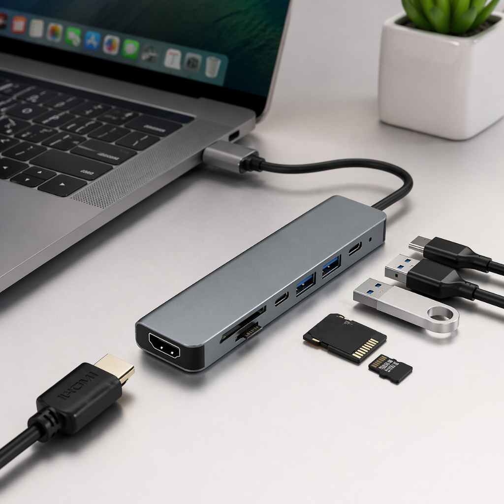 Hub Adaptador 7 Em 1 Tipo USB-C para Notebook com HDMI 4K USB 3.0 USB 2.0 SD TF Leitor Cartão PD