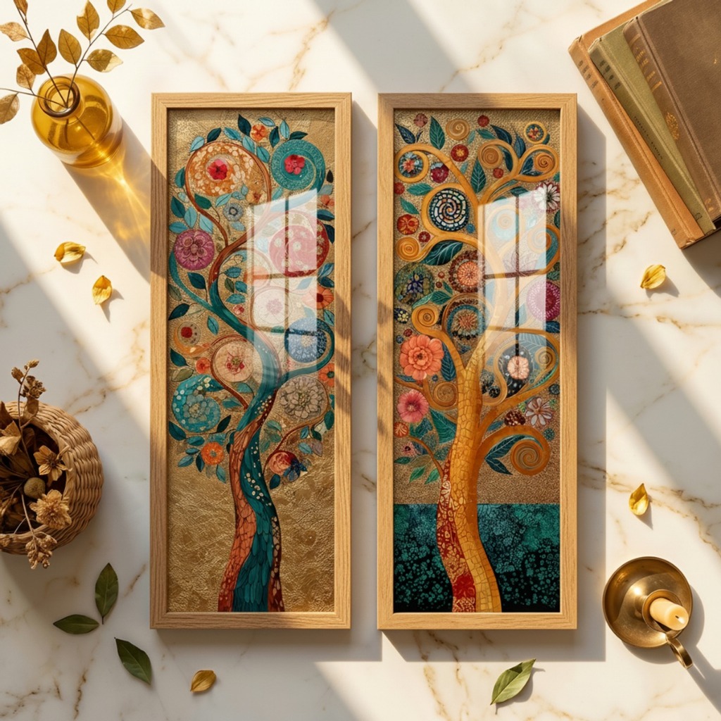 Imagem Kit 2 Quadros Decorativos 18x45 Árvore da Vida Dourada Espiritual Zen Moldura Vidro Sala Hall Consultório