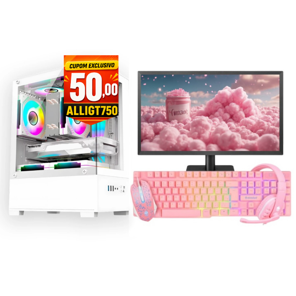 PC Gamer Branco/Rosa Completo Intel i5 Memoria Ram 16GB GTX 750 4GB Monitor Teclado Mouse Headset