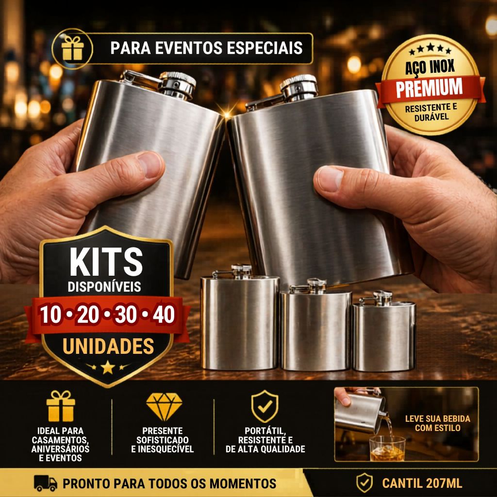 Kit 10 Cantil De Bolso Porta Bebida 207ml Whisky Vodka Rum Em Aço Inox 7 Oz