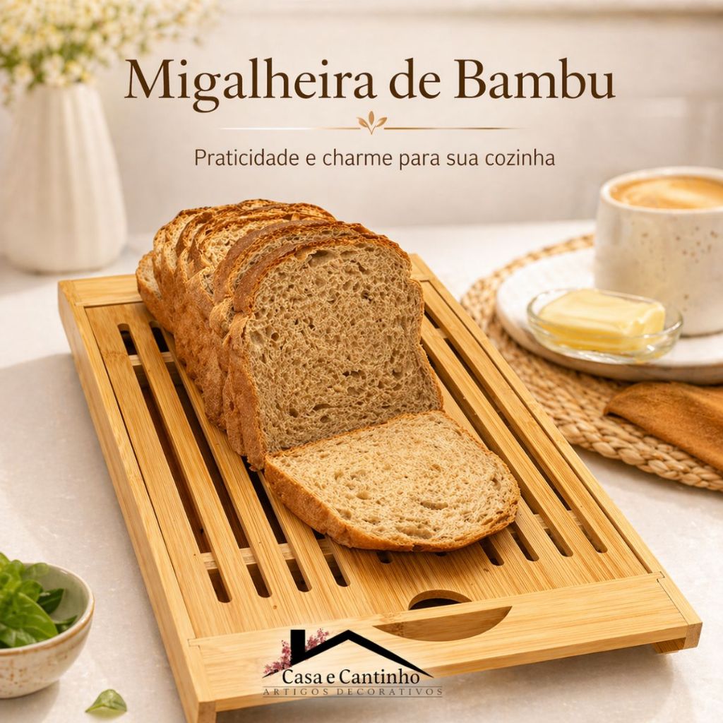 Migalheira de Bambu Tábua de Corte Para Pães Bolos e Frios Com Bandeja Multiuso Porta Panela 4 em 1