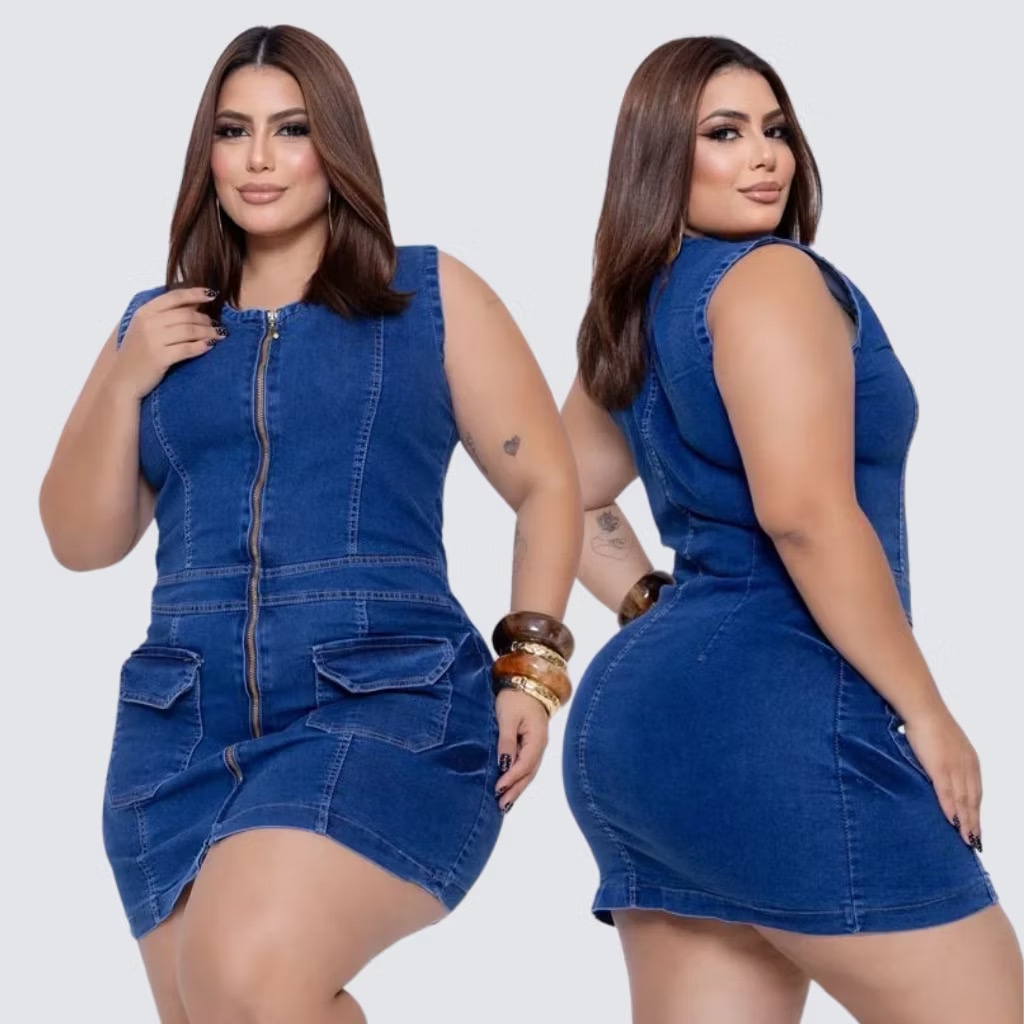 ￼Vestido Jeans Feminino Plus Size com Zíper Frontal Cintura Alta Curto com Lycra Tendência