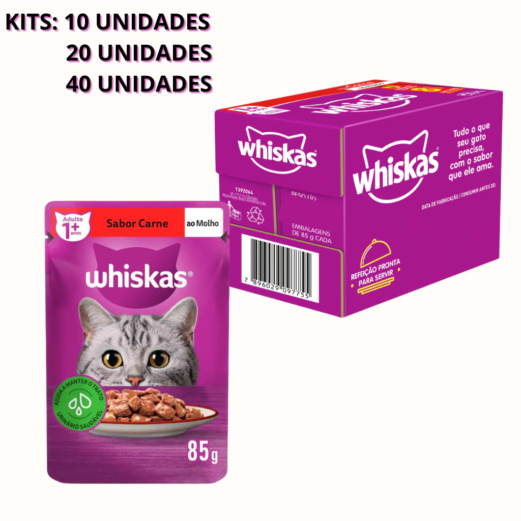 Sache Whiskas PROMOÇÃO Sabor CARNE 85gr KIT 10, KIT 20, KIT 40 UND