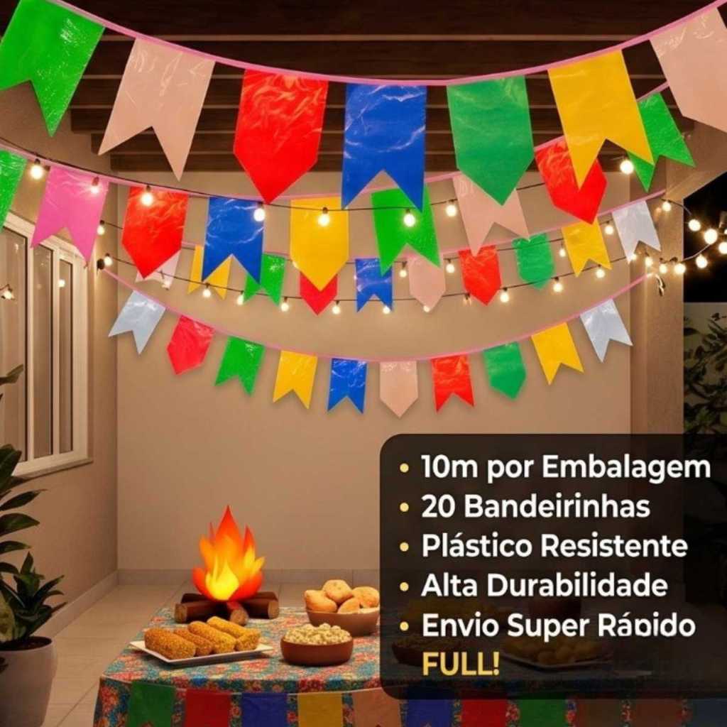 kit 100 Metros Bandeirinhas Festa Junina Plástico Decoração São João Bandeirola Colorida