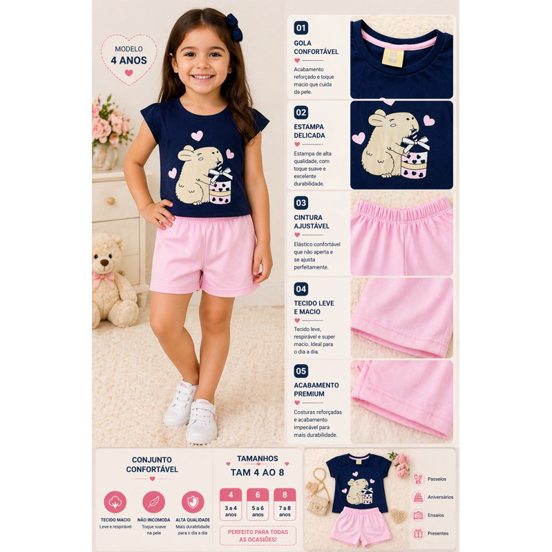 Conjunto infantil feminino verao menina blusa e short algodao estampado tam 4 ao 8