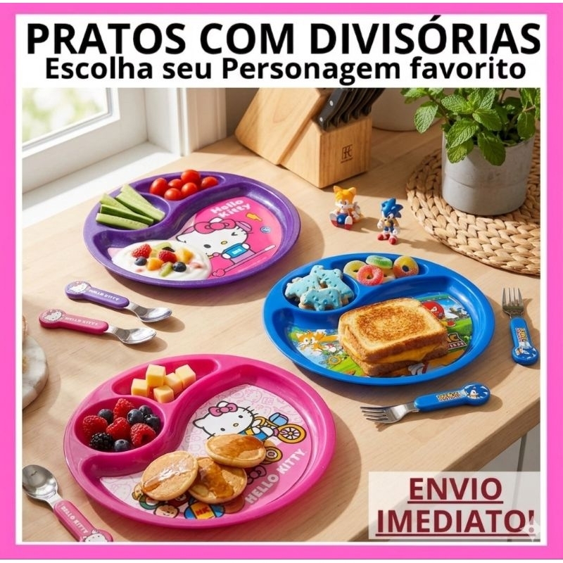 Prato Personalizado com Divisórias Infantil Criança Sonic e Hello Kitty Plástico POTTE