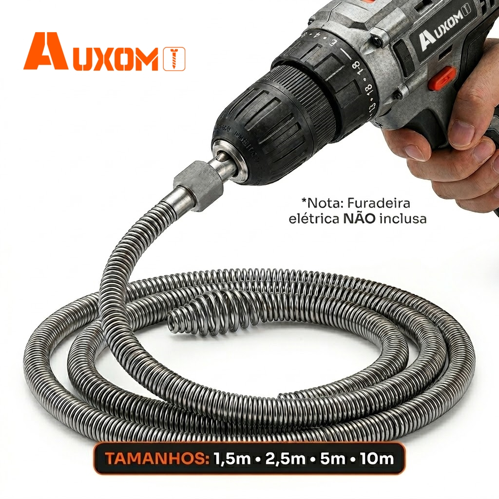 Desentupidor Rotativo Profissional AUXOM | c/ Adaptador para Furadeira | Mola de Aço Inox para Encanamento e Pias