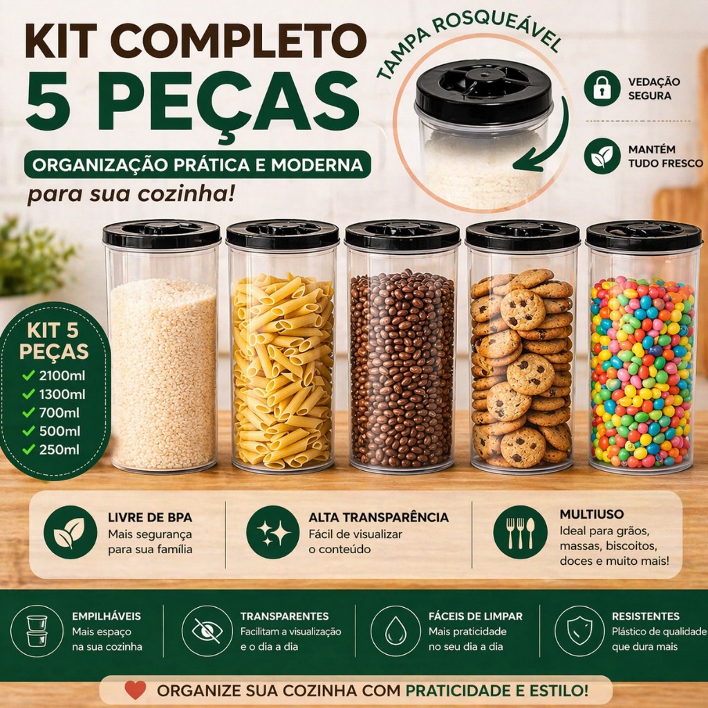 kit 5 pote transparente redondo com tampa 2,5 L BPA FREE porta mantimentos utensílios de cozinha
