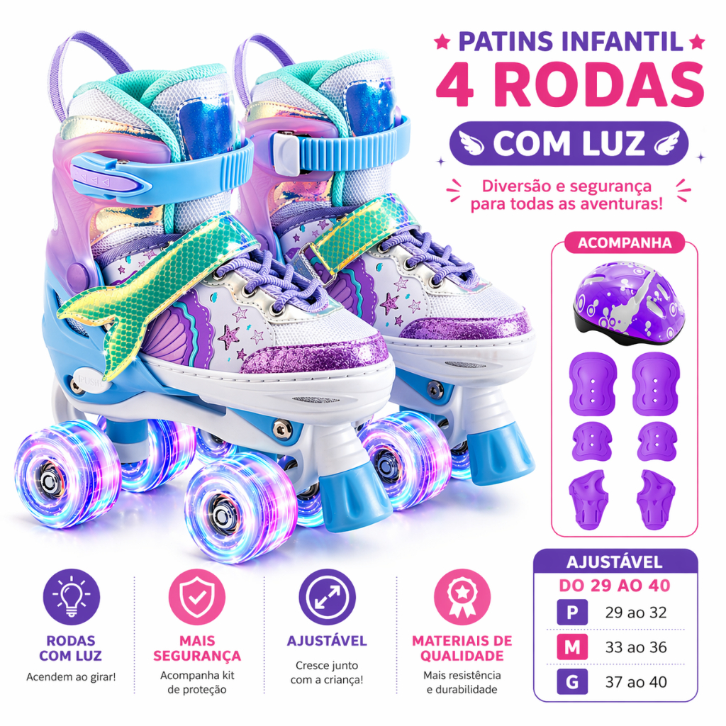 Patins Sereia Ajustável Infantil 4 Rodas Kit Proteção Rodinha Com Led menino menina crianca diversao