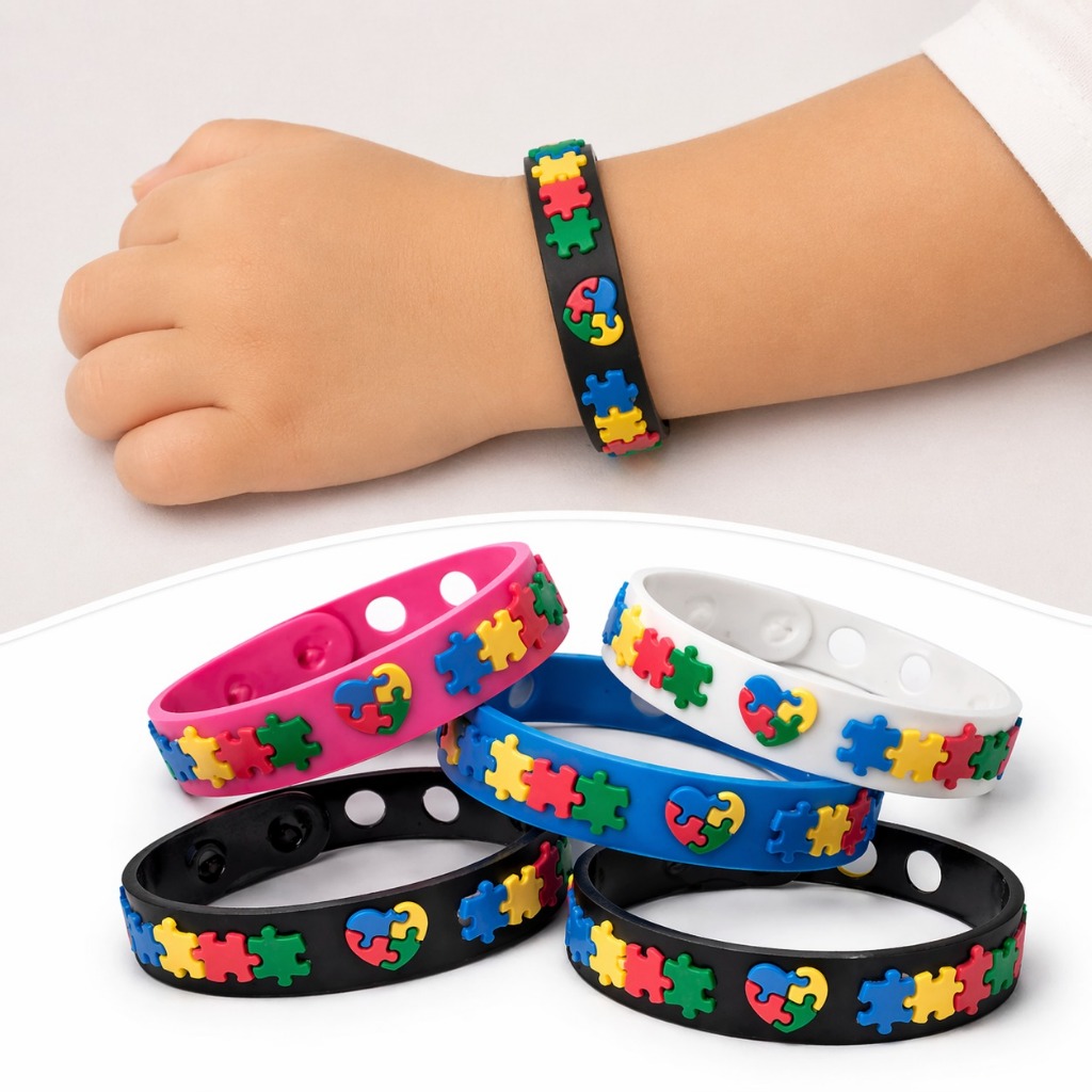 Detalhes do Kit Identificação Autismo Unissex Completo Cordão + Porta Crachá + Pulseira TEA
