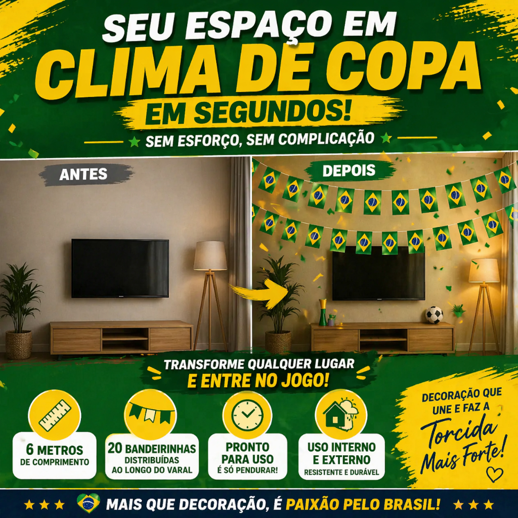 Bandeirinhas do Brasil Copa do Mundo 6m Varal 20 Bandeiras Decoração Festa Verde Amarelo