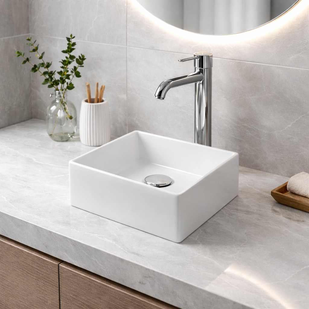 Cuba De Apoio Edge Quadrado 30,8 cm Louça Cerâmica Para Banheiro Lavabo Pia De Sobrepor Bancada