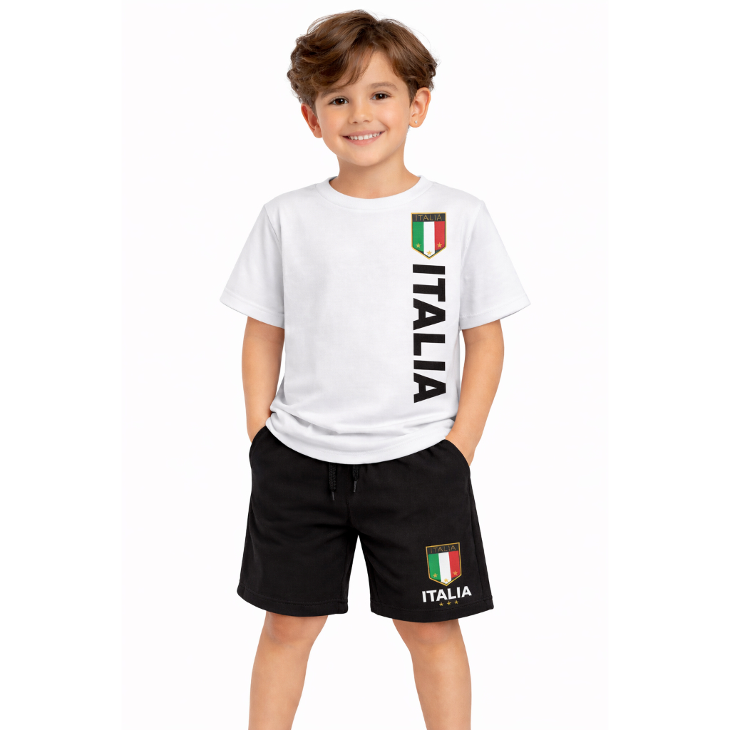 Conjunto Infantil Básico Estiloso – Camiseta Italia + Short Estampado Confortável