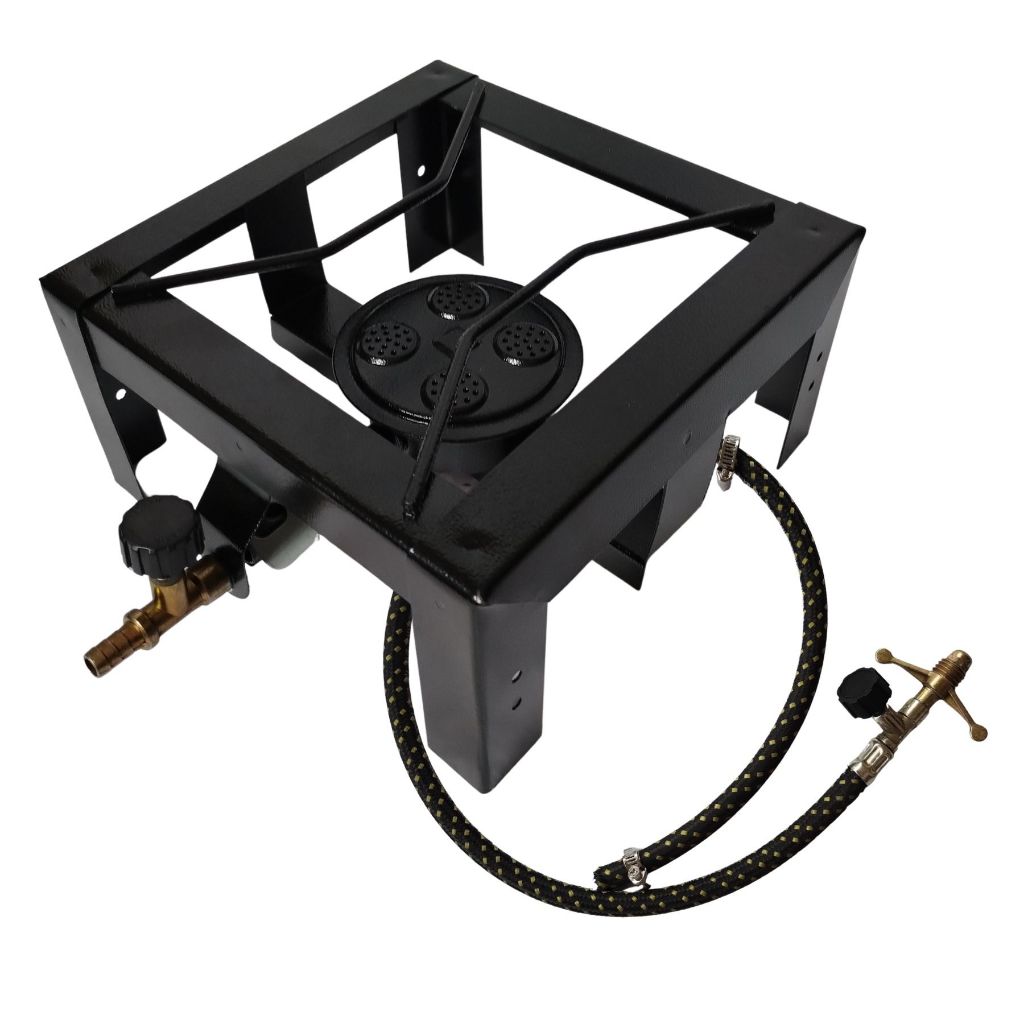 Fogão Fogareiro 1 Boca Alta Pressão Gás GLP Com Mangueira Preto Camping Pesca Industrial Feiras Ferro Fundido Portátil