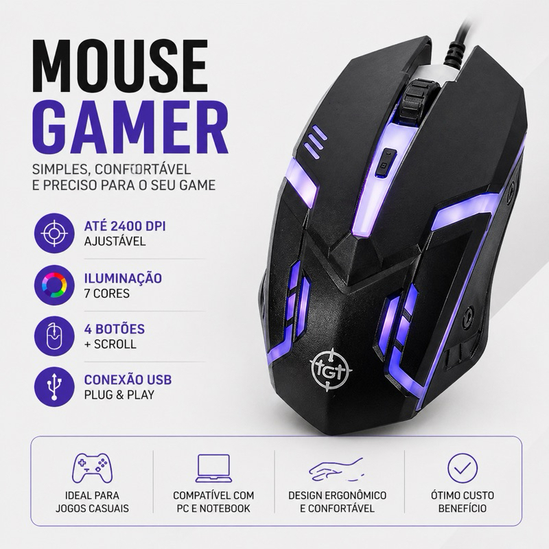 Mouse Gamer RGB USB 2400 DPI 4 Botões Para PC Notebook Custo Benefício LED Colorido