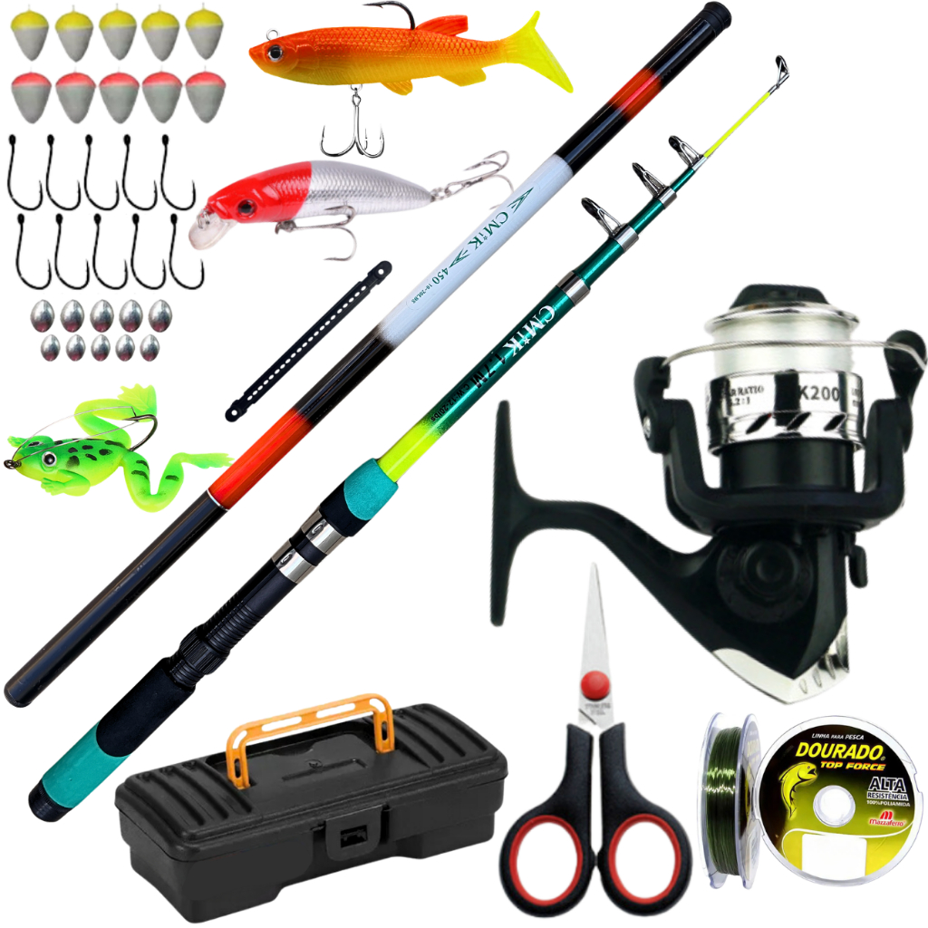 Kit  Completo Molinete De Pesca Vara Telescopica Mão Isca Artificial Praia Pesqueiro Represa Mar Rio