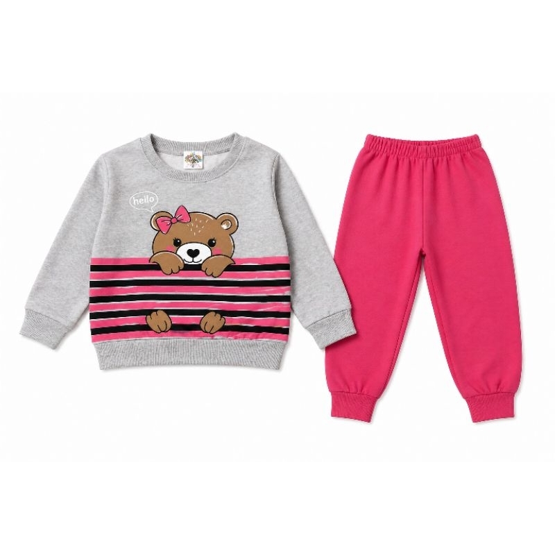 Conjunto Infantil Feminino Moletom Ursinho Hello + Calça Jogger – Roupa Quentinha para Menina