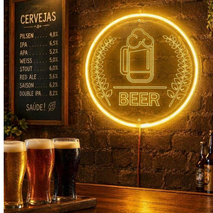 Luminária Decorativa LED 30cm X 30cm para Bar e Cervejaria – Placa Iluminada BEER para choperia