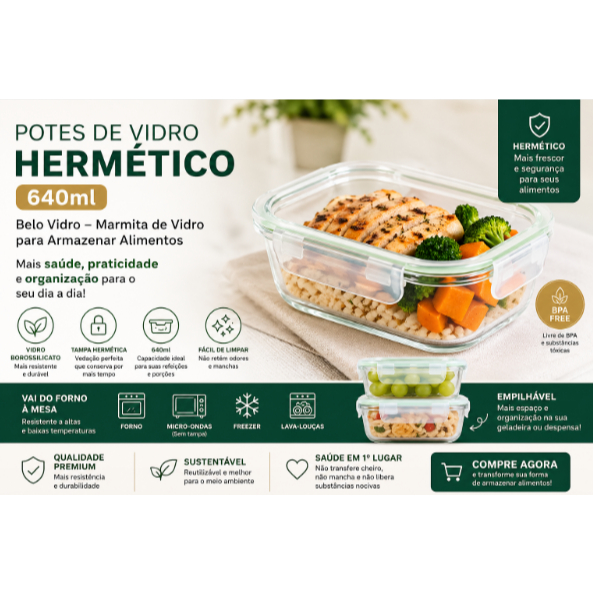 Potes de Vidro Hermético 640ml Belo Vidro – Marmita de Vidro para Armazenar Alimentos
