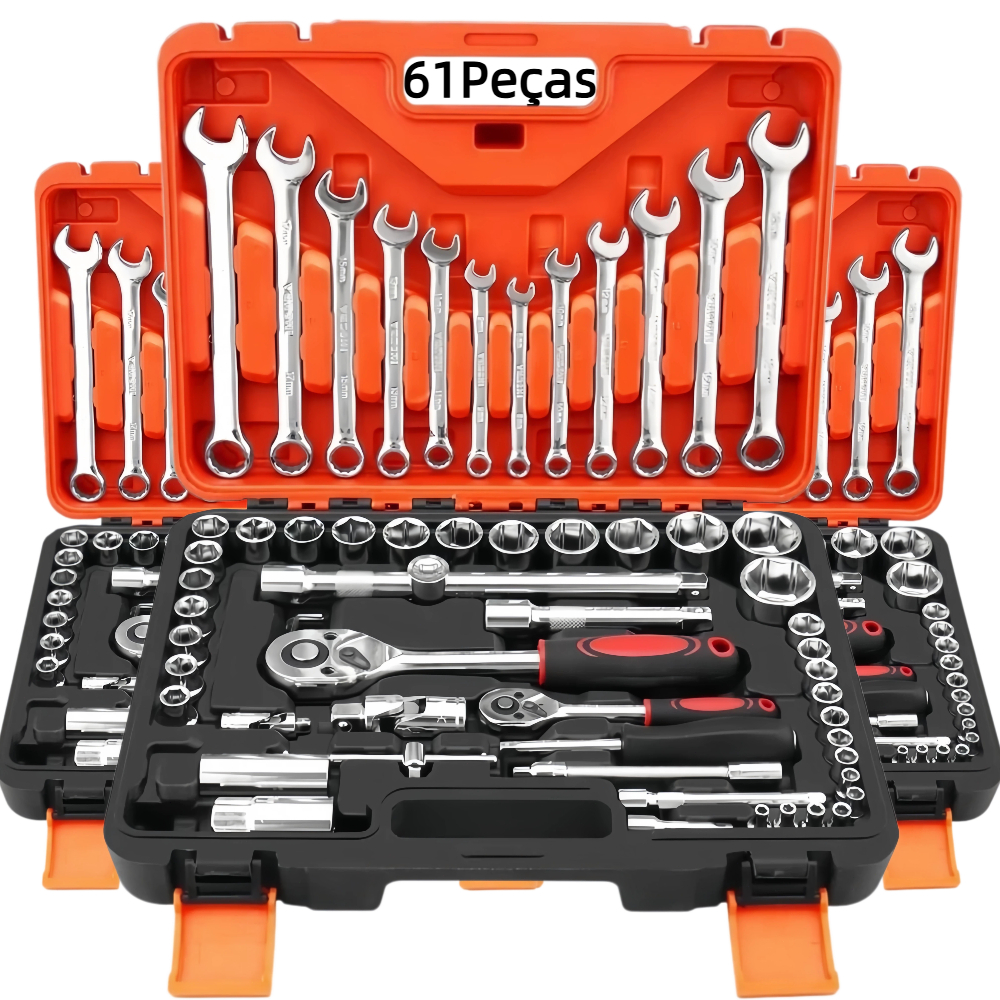 Kit 61 Peças Ferramentas Profissional  Jogo Soquete, Chave Combinada e Catraca com Maleta- Para Mecânica Automotiva