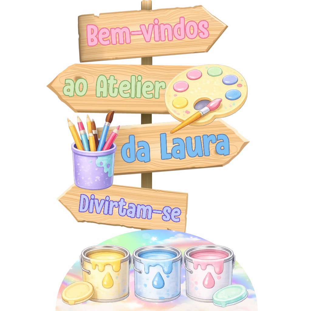 Display de chão Pintando o 7 Ateliê aquarela placa setas bem vindos em MDF