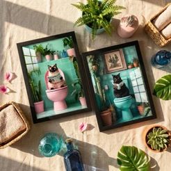 Kit 2 Quadros Decorativos 24x33 Gatos Banheiro Divertido Humor Moldura Vidro Presente Amigo Secreto