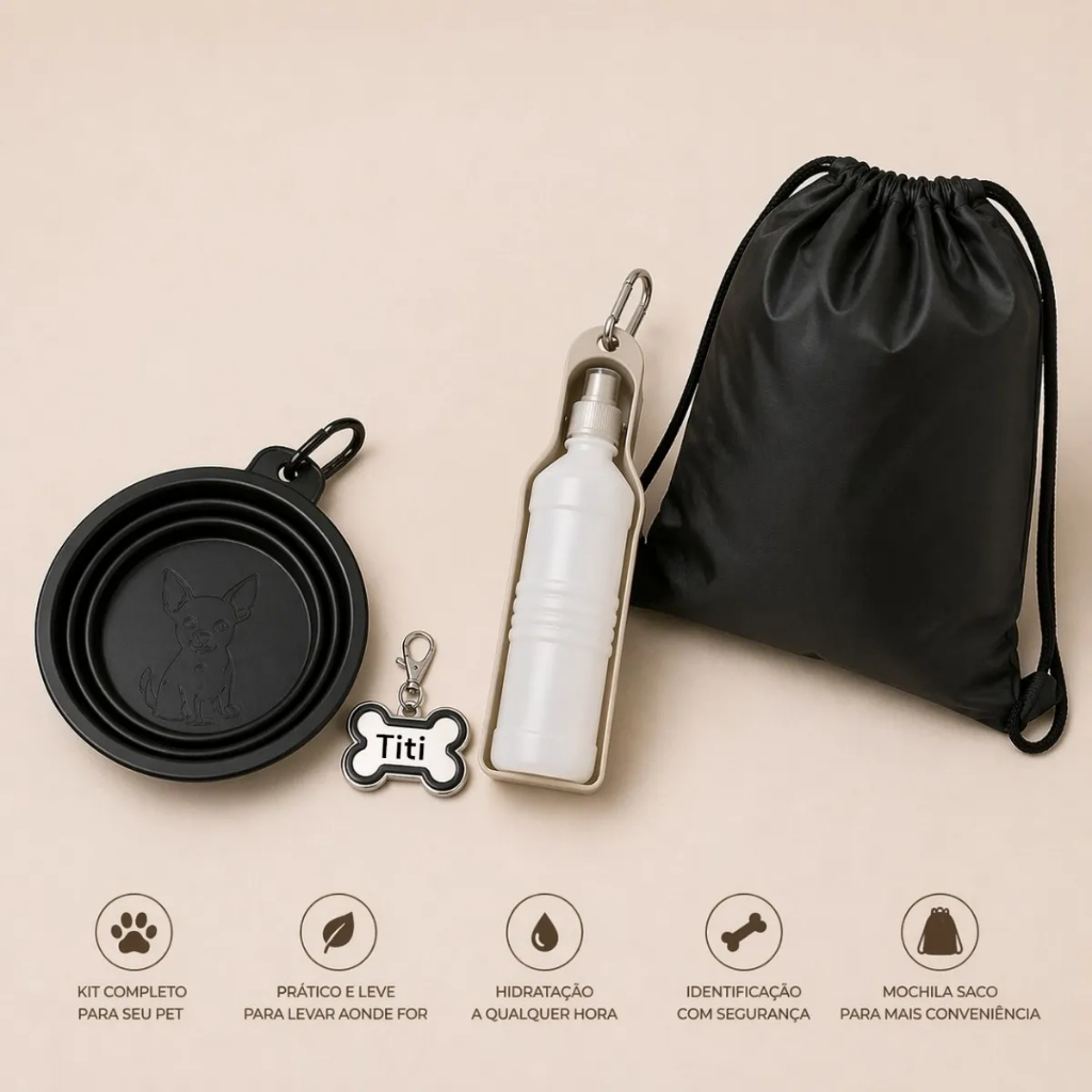 Kit Viagem Pet 4 em 1 – Garrafa com Bebedouro, Tigela de Silicone e Placa com Nome