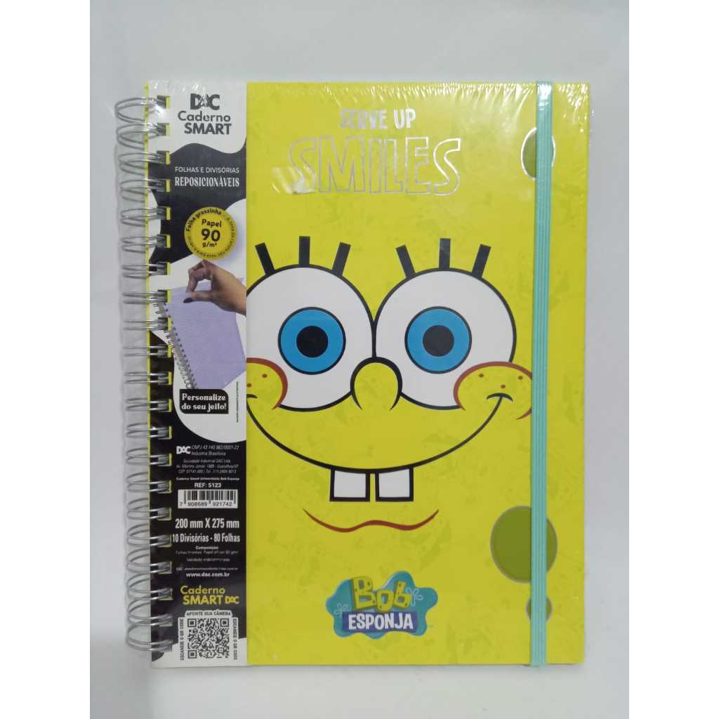 Caderno Smart Universitário Bob Esponja DAC - 80 Folhas Reposicionáveis + 10 Divisórias