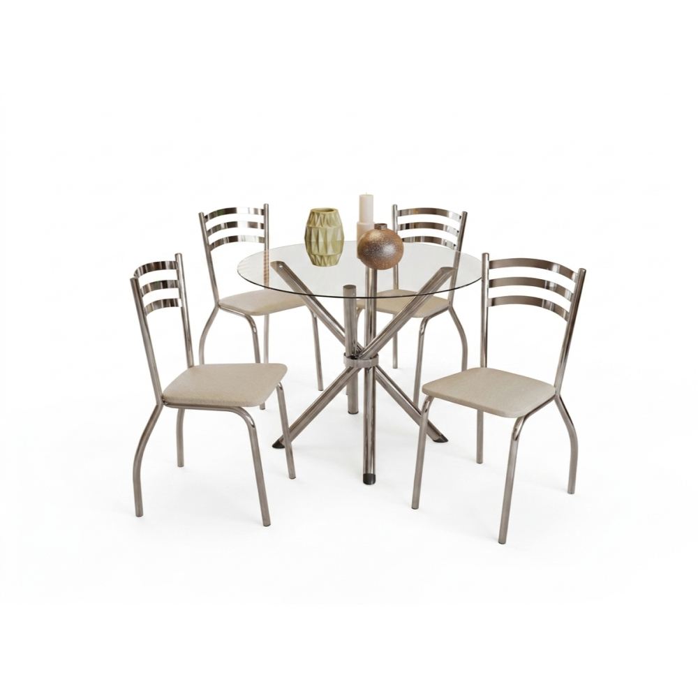 Conjunto Sala de Jantar Kappesberg 4 Cadeiras de Metal com Estofado, Mesa Redonda e Tampo de Vidro