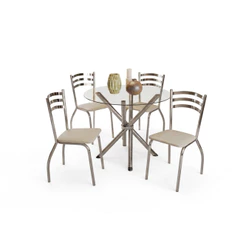Conjunto Sala de Jantar Kappesberg 4 Cadeiras de Metal com Estofado, Mesa Redonda e Tampo de Vidro