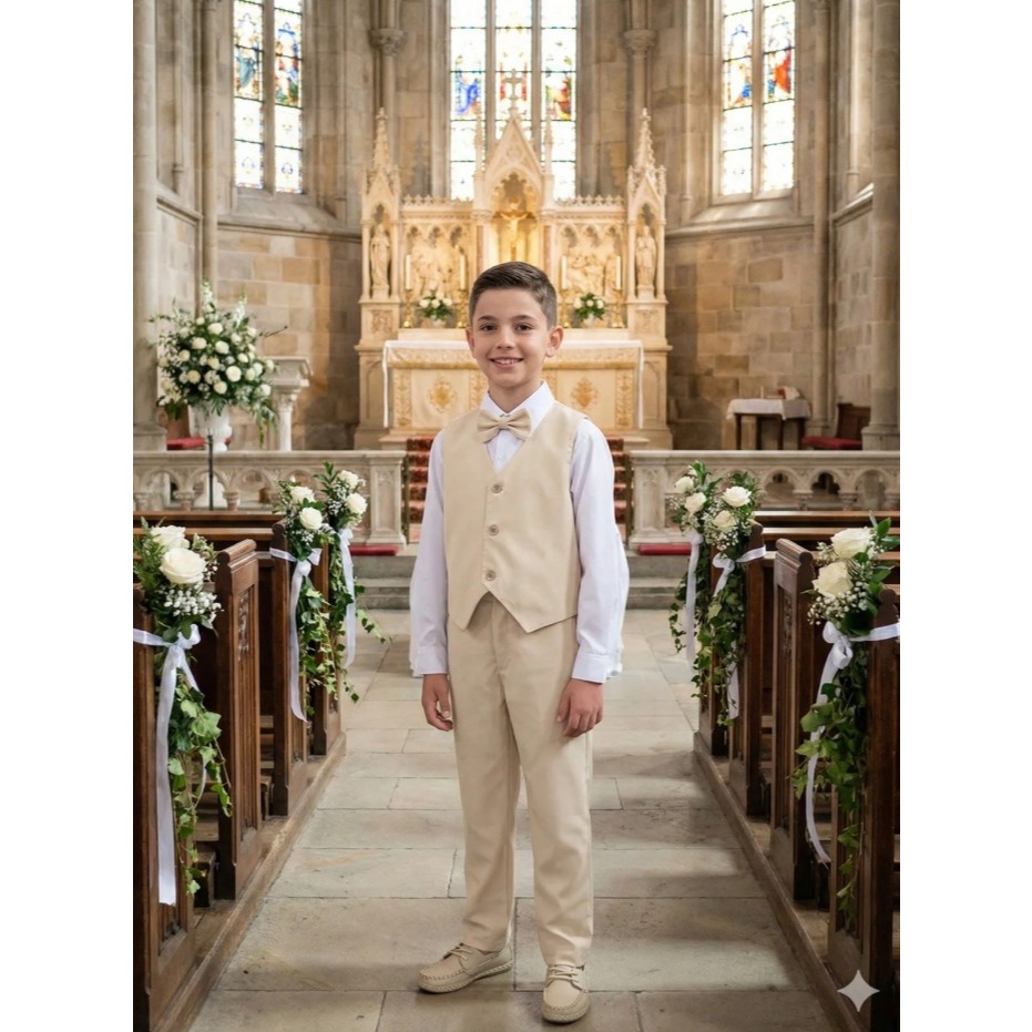 Terno Social Conjunto Paletó Bege Palha Infantil Festa Kit 5 Peças Calça Camisa Gravata Cinto Colete