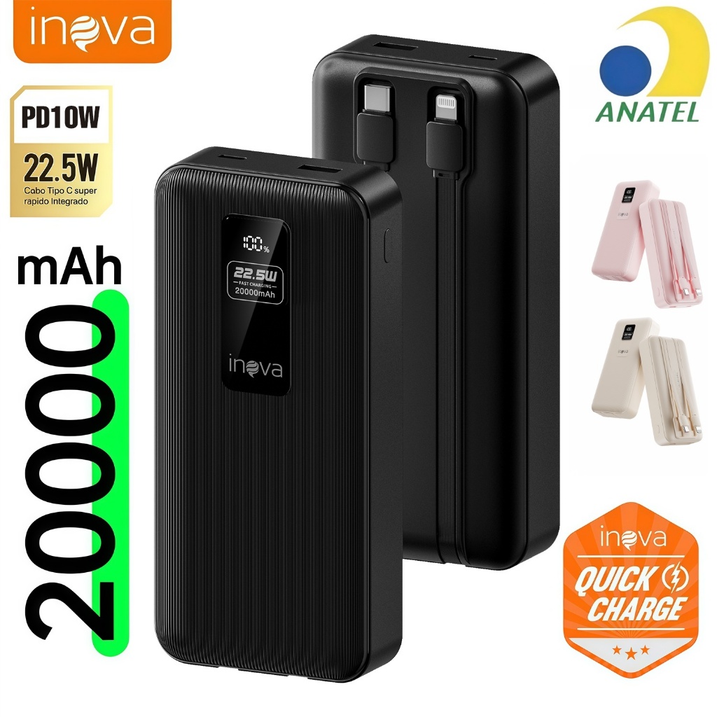 INOVA Carregador Portátil 10000/20000mAh com LED Digital e Carga Rápida 22.5W Universal