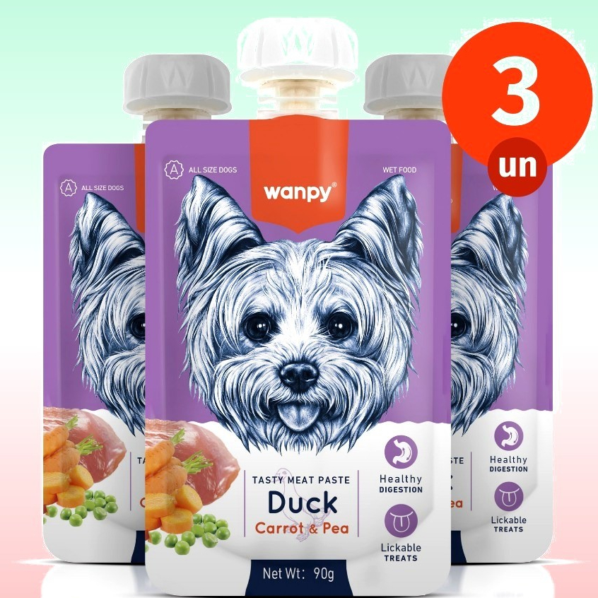 Kit 3 Petisco Truly Wanpy Creamy Sachê para Cães Pato Cenoura e Ervilha 90 G
